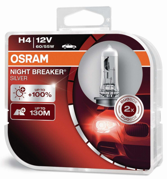 OSRAM H4 12V 60/55W P43T NIGHT BREAKER® SILVER +100% Set - 2 Stück